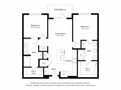 Floor plan for 2 beds, 2 baths, 1023 sqft
