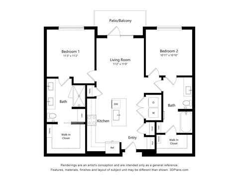 Floor plan for 2 beds, 2 baths, 1023 sqft