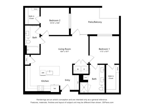 Floor plan for 2 beds, 2 baths, 1033 sqft