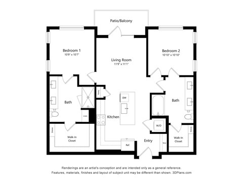 Floor plan for 2 beds, 2 baths, 1038 sqft