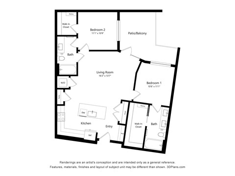 Floor plan for 2 beds, 2 baths, 1045 sqft