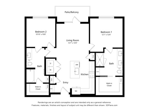 Floor plan for 2 beds, 2 baths, 1081 sqft