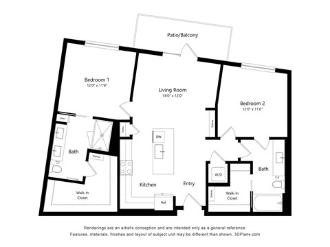 Floor plan for 2 beds, 2 baths, 1099 sqft