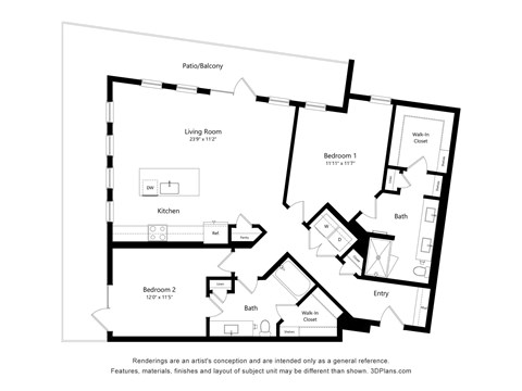 Floor plan for 2 beds, 2 baths, 1353 sqft