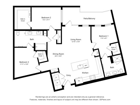 Floor plan for 3 beds, 2 baths, 1401 sqft