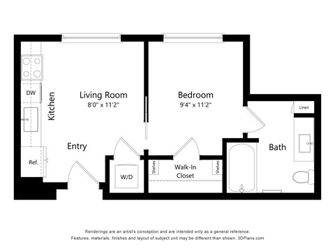 Floor plan for studio, 1 bath, 434 sqft