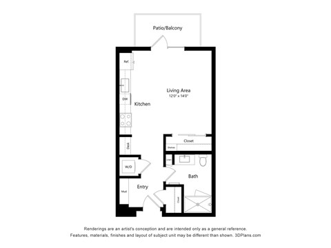Floor plan for studio, 1 bath, 520 sqft