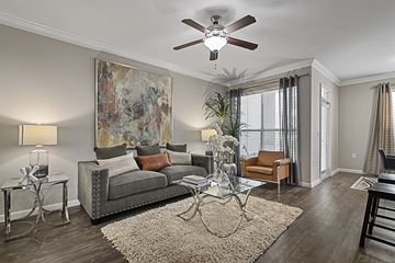 Houston apartment for rent - A living room with a grey couch, a glass coffee table, and a large painting on the wall.