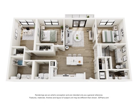 Floor plan for 2 beds, 2 baths, 1211 sqft