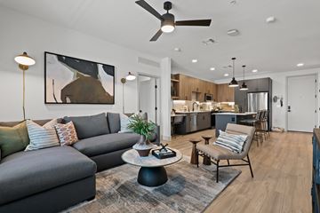Phoenix apartment for rent - A modern living room with a grey sofa and a coffee table.