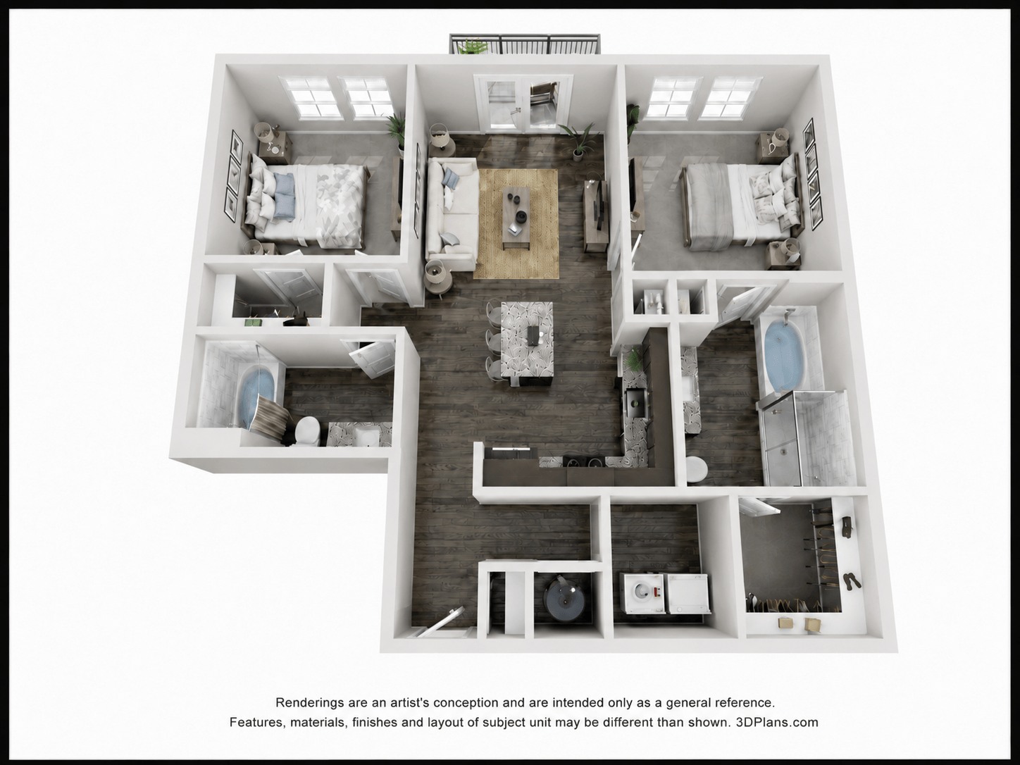Floor plan for 2 beds, 2 baths, 1063 sqft