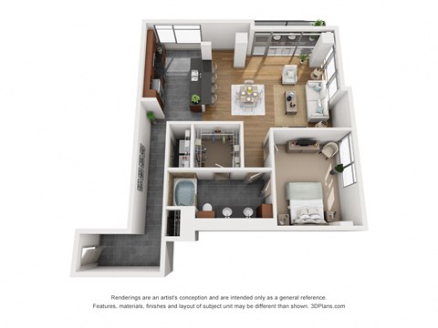 Floor plan for 1 bed, 1 bath, 1047 sqft