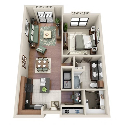Floor plan for 1 bed, 1 bath, 857 sqft