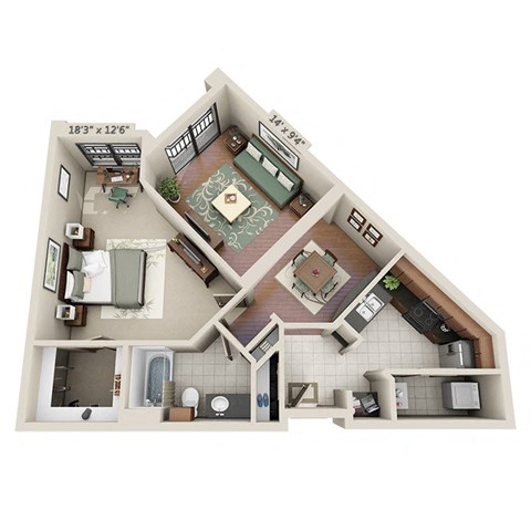Floor plan for 1 bed, 1 bath, 824 sqft