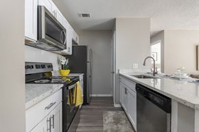 Orlando apartment for rent - A kitchen with a black dishwasher and a black stove top oven.