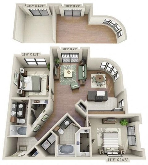 Floor plan for 2 beds, 2 baths, 1198 sqft