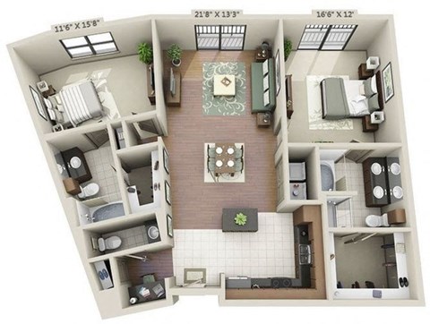 Floor plan for 2 beds, 2.5 baths, 1229 sqft