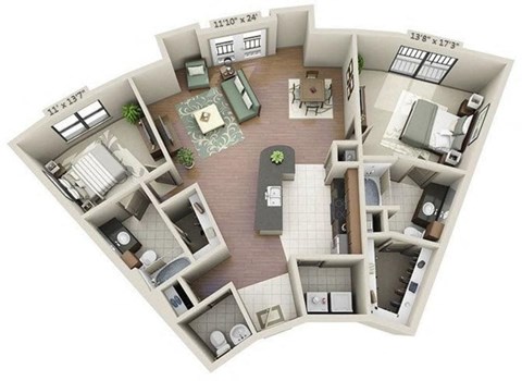 Floor plan for 2 beds, 2.5 baths, 1322 sqft