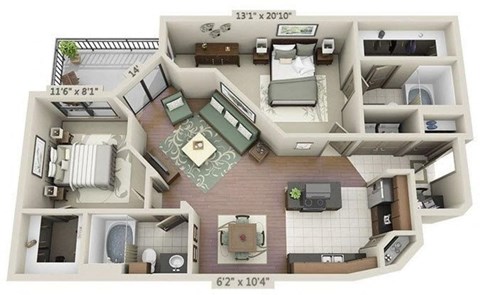 Floor plan for 2 beds, 2 baths, 1130 sqft