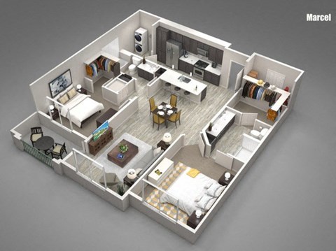 Floor plan for 2 beds, 2 baths, 1231 sqft