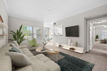 Cary apartment for rent - A living room with a grey couch and a green rug.