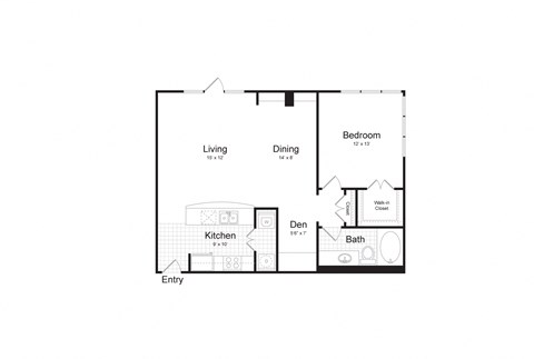 Floor plan for 1 bed, 1 bath, 935 sqft