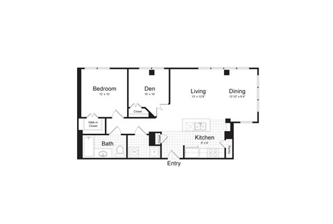 Floor plan for 1 bed, 1 bath, 938 sqft