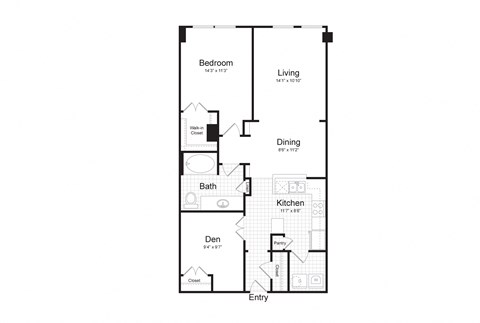 Floor plan for 1 bed, 1 bath, 942 sqft