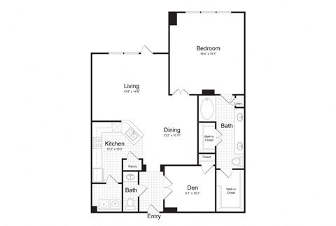 Floor plan for 1 bed, 1.5 baths, 1164 sqft