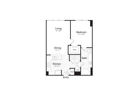 Floor plan for 1 bed, 1 bath, 690 sqft