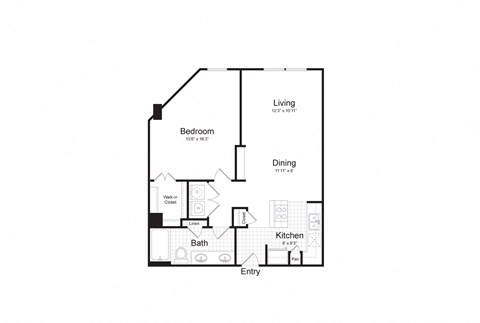 Floor plan for 1 bed, 1 bath, 768 sqft