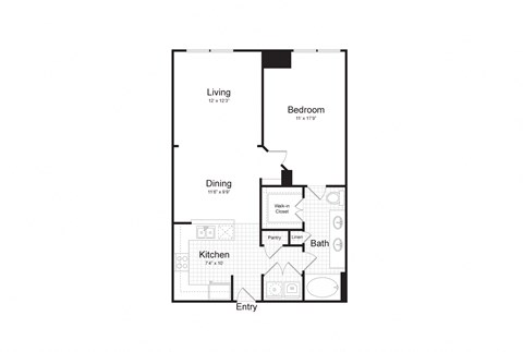 Floor plan for 1 bed, 1 bath, 808 sqft