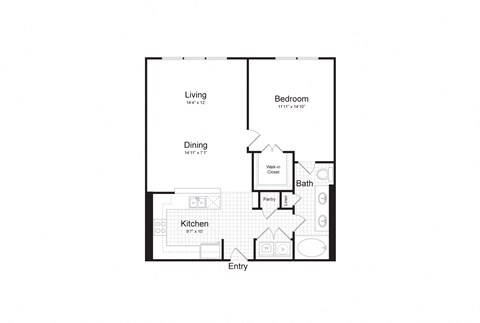 Floor plan for 1 bed, 1 bath, 836 sqft