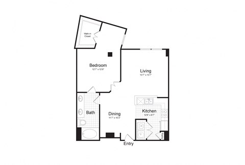 Floor plan for 1 bed, 1 bath, 843 sqft