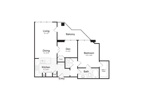 Floor plan for 1 bed, 1 bath, 901 sqft