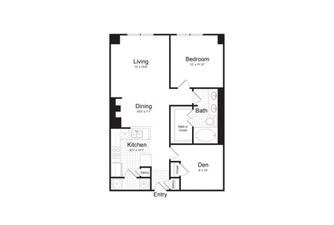 Floor plan for 1 bed, 1 bath, 934 sqft