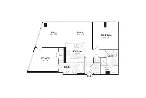 Floor plan for 2 beds, 2 baths, 1034 sqft