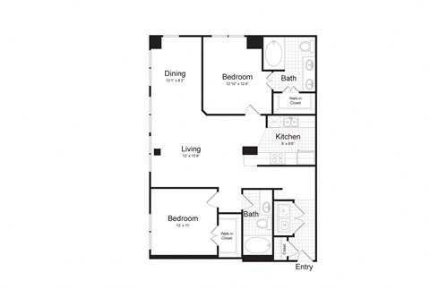 Floor plan for 2 beds, 2 baths, 1074 sqft
