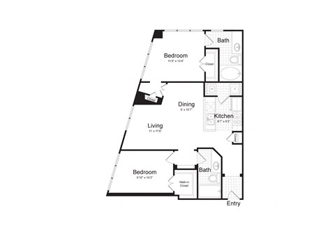 Floor plan for 2 beds, 2 baths, 1086 sqft
