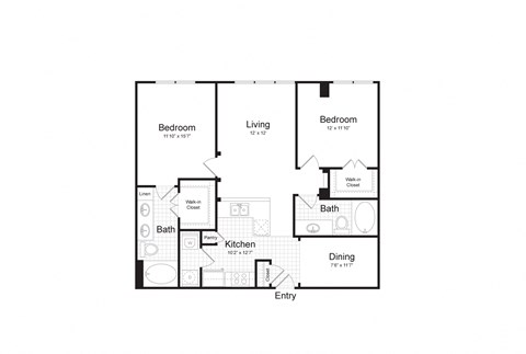 Floor plan for 2 beds, 2 baths, 1153 sqft