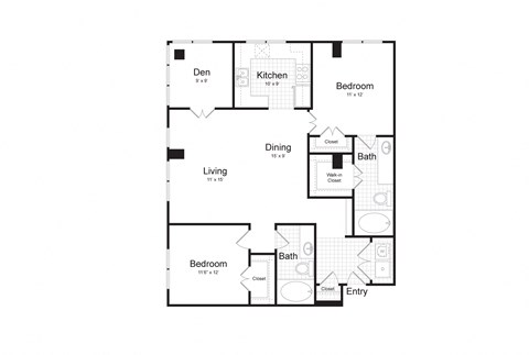 Floor plan for 2 beds, 2 baths, 1242 sqft