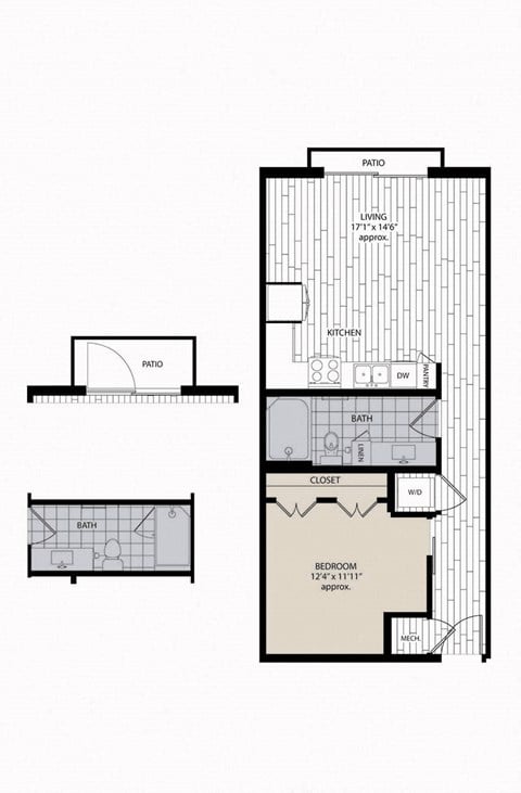 Floor plan for studio, 1 bath, 670 sqft