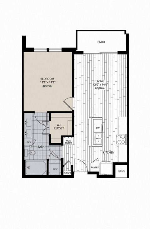 Floor plan for 1 bed, 1 bath, 738 sqft