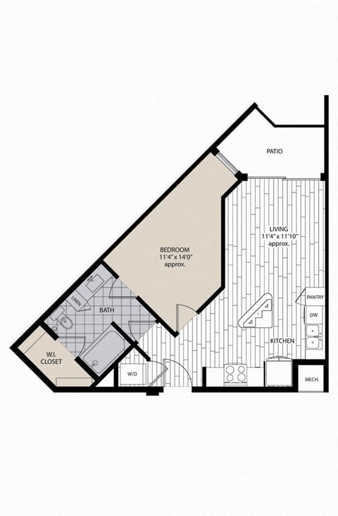 Floor plan for 1 bed, 1 bath, 639 sqft