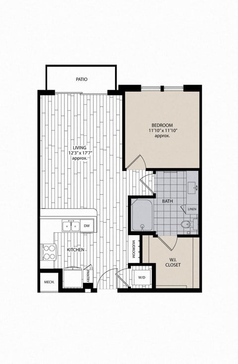Floor plan for 1 bed, 1 bath, 758 sqft