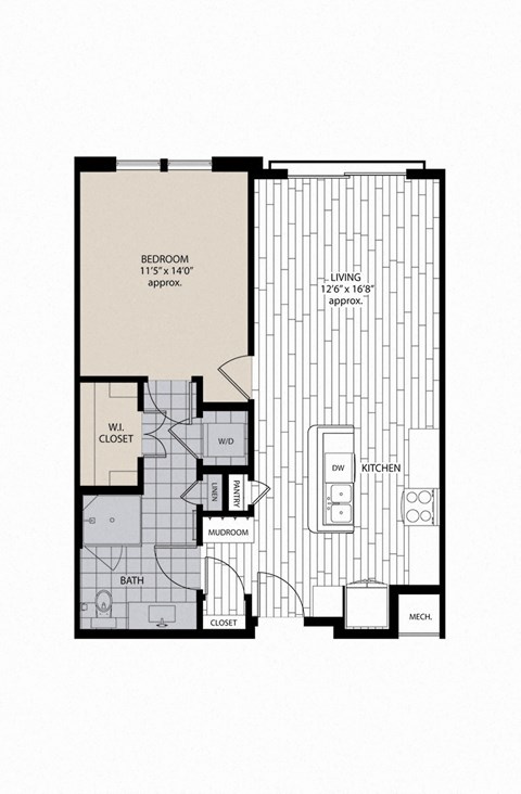Floor plan for 1 bed, 1 bath, 783 sqft
