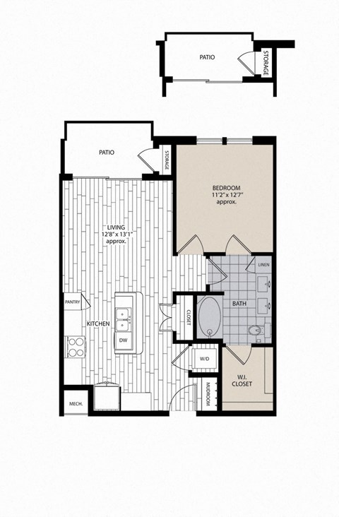 Floor plan for 1 bed, 1 bath, 736 sqft