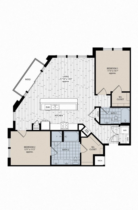 Floor plan for 2 beds, 2 baths, 1279 sqft