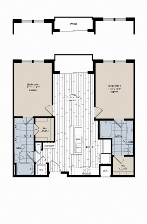 Floor plan for 2 beds, 2 baths, 1116 sqft