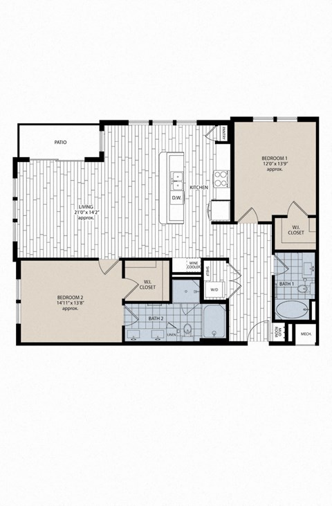 Floor plan for 2 beds, 2 baths, 1361 sqft